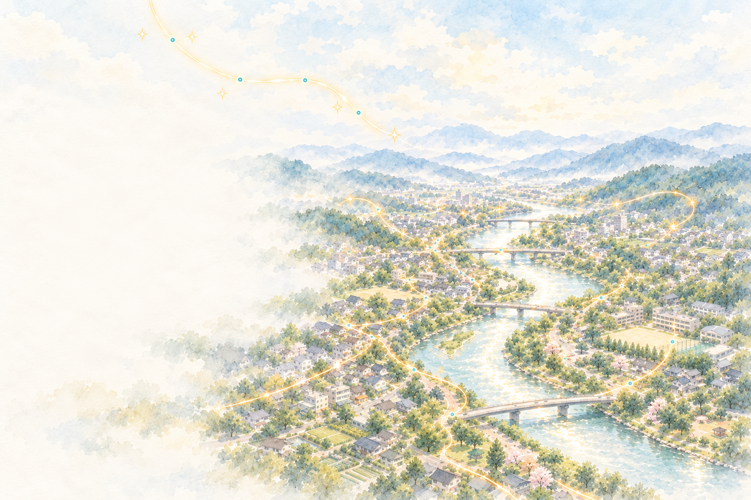 川や橋で結ばれた街の暮らしを、空から眺める